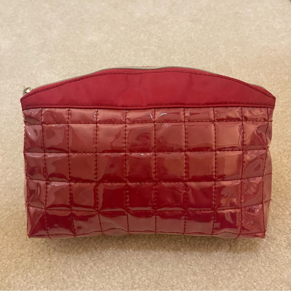 Lancome Red Burgundy Cosmetic Pouch Clutch Quilted Paris Eiffel Tower Zip